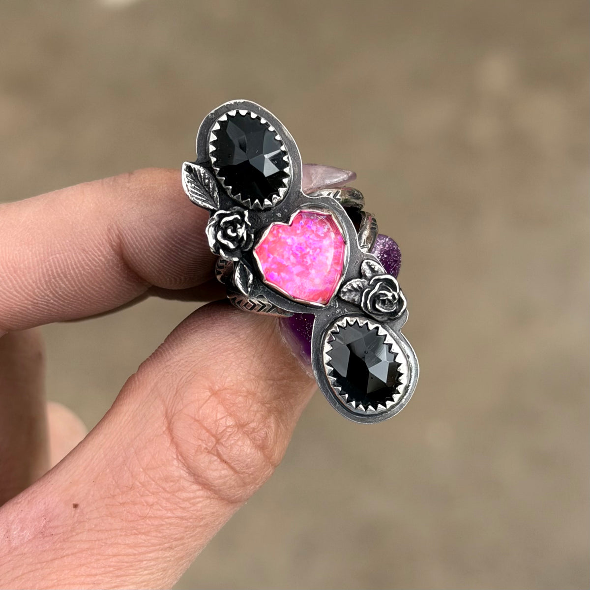 Black Onyx & Opal Heart Ring 7