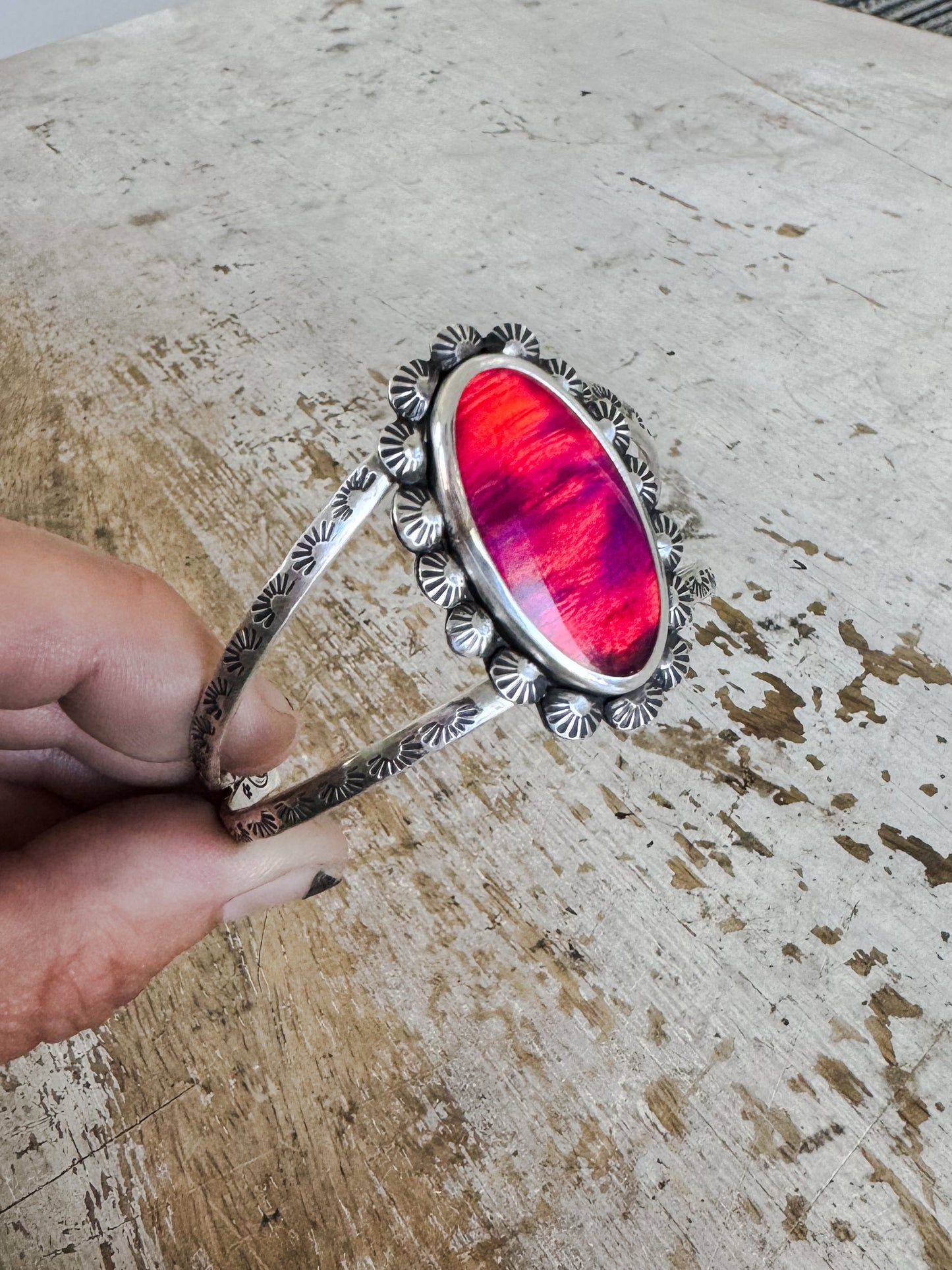 Stamped Aura Opal Cuff