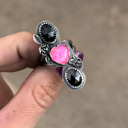 Black Onyx & Opal Heart Ring 7