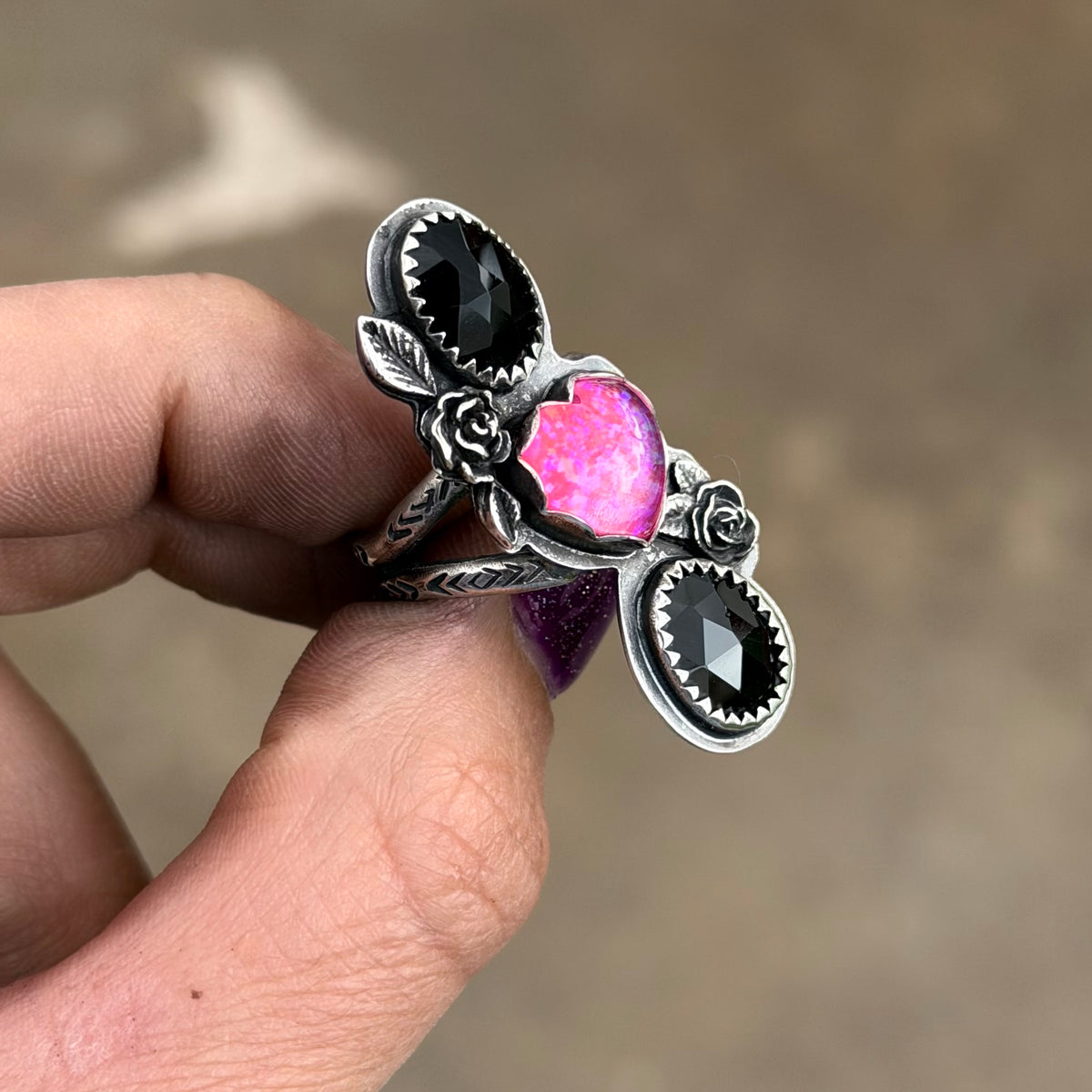 Black Onyx & Opal Heart Ring 7